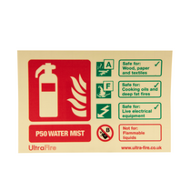 Landscape (100 x 150mm) sign for the 2ltr P50 water mist suitable for Class A, F, and Electrical